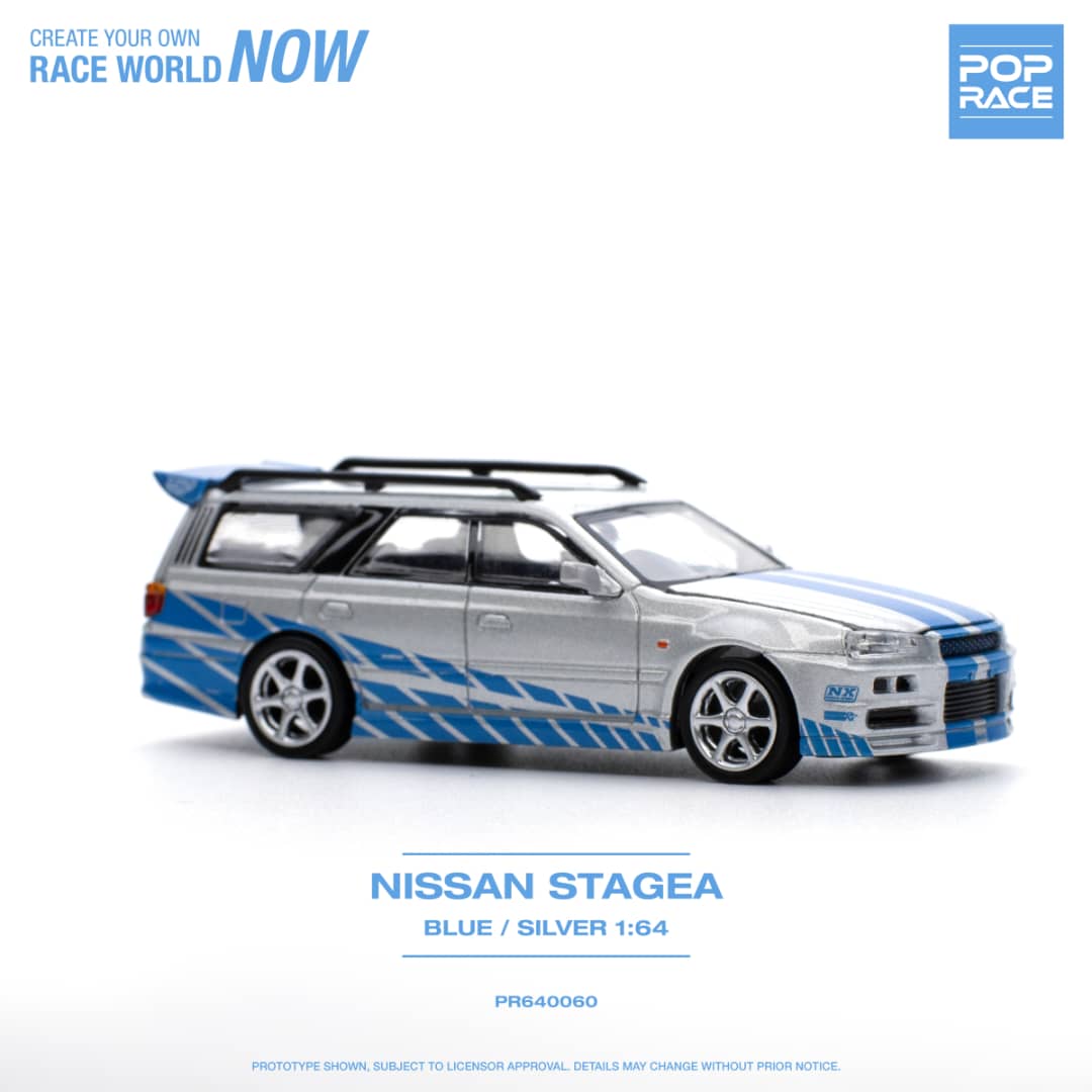* PRE ORDER * POP RACE 1/64 NISSAN STAGEA R34 BLUE/SILVER PR640060