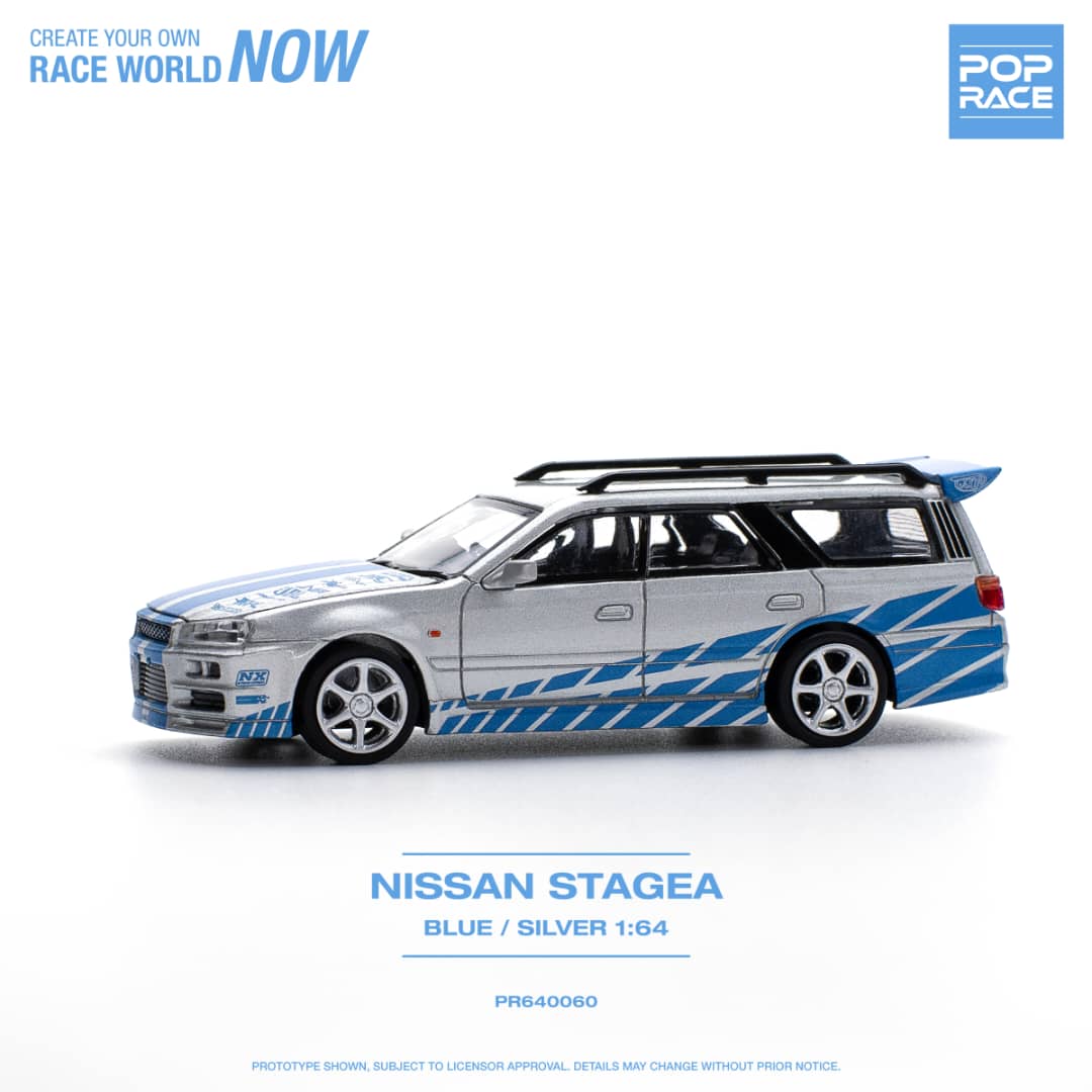 * PRE ORDER * POP RACE 1/64 NISSAN STAGEA R34 BLUE/SILVER PR640060