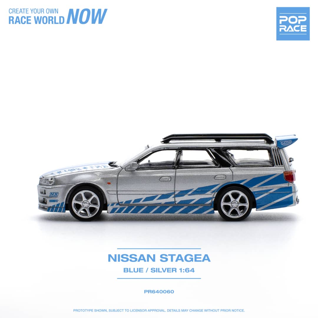 * PRE ORDER * POP RACE 1/64 NISSAN STAGEA R34 BLUE/SILVER PR640060