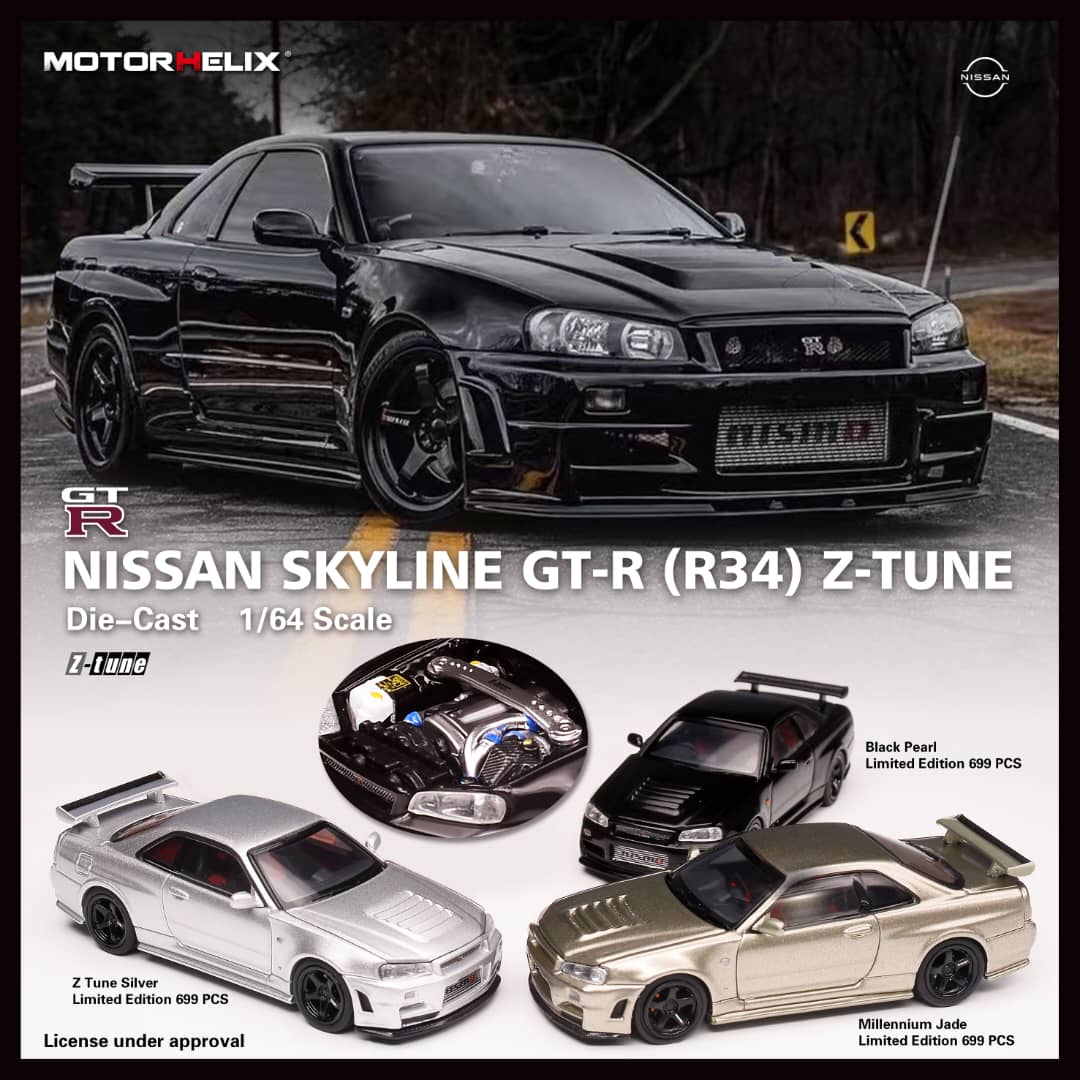 MOTORHELIX 1/64 NISSAN SKYLINE GT-R R34 V Spec II BLACK PEARL