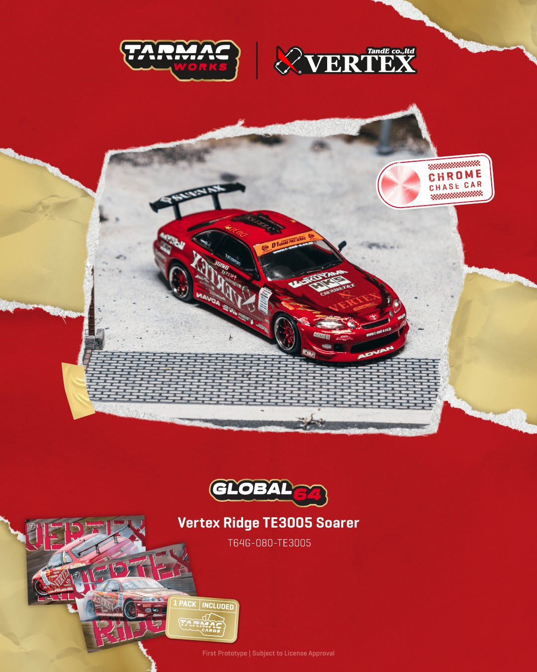* PRE ORDER * TARMAC WORKS 1/64 Vertex Ridge TE3005 Soarer Model Car + Trading Cards Combo Set