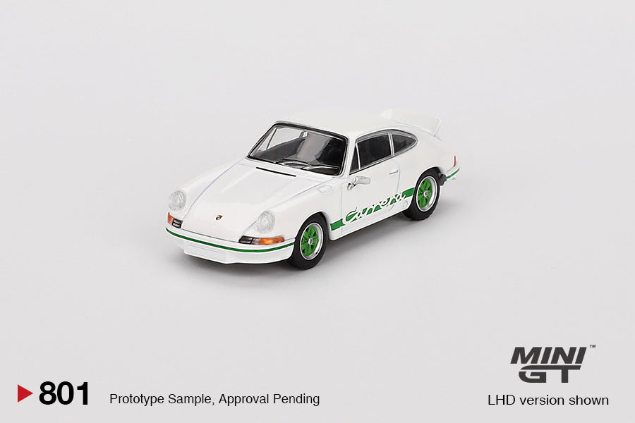 MINI GT #801 1/64 Porsche 911 Carrera RS 2.7 Grand Prix White with Green Livery (RHD)