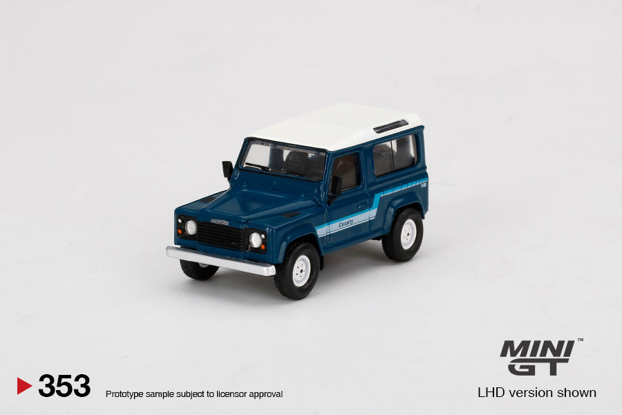 Mini GT #353 1:64 Land Rover Defender 90 County Wagon Stratos Blue - RHD