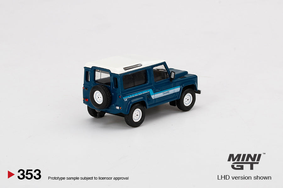 Mini GT #353 1:64 Land Rover Defender 90 County Wagon Stratos Blue - RHD