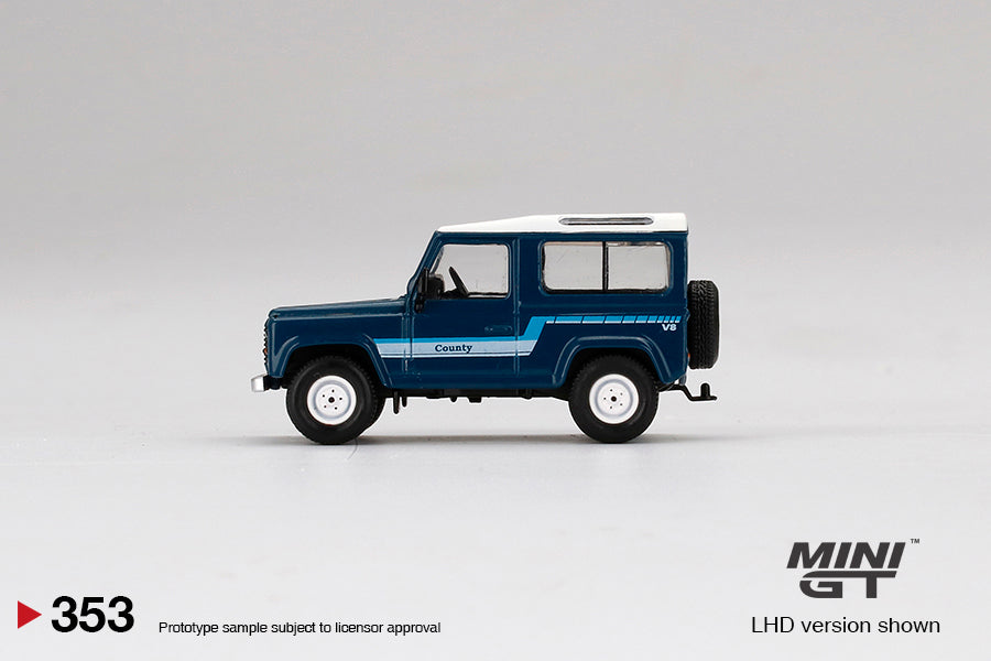 Mini GT #353 1:64 Land Rover Defender 90 County Wagon Stratos Blue - RHD