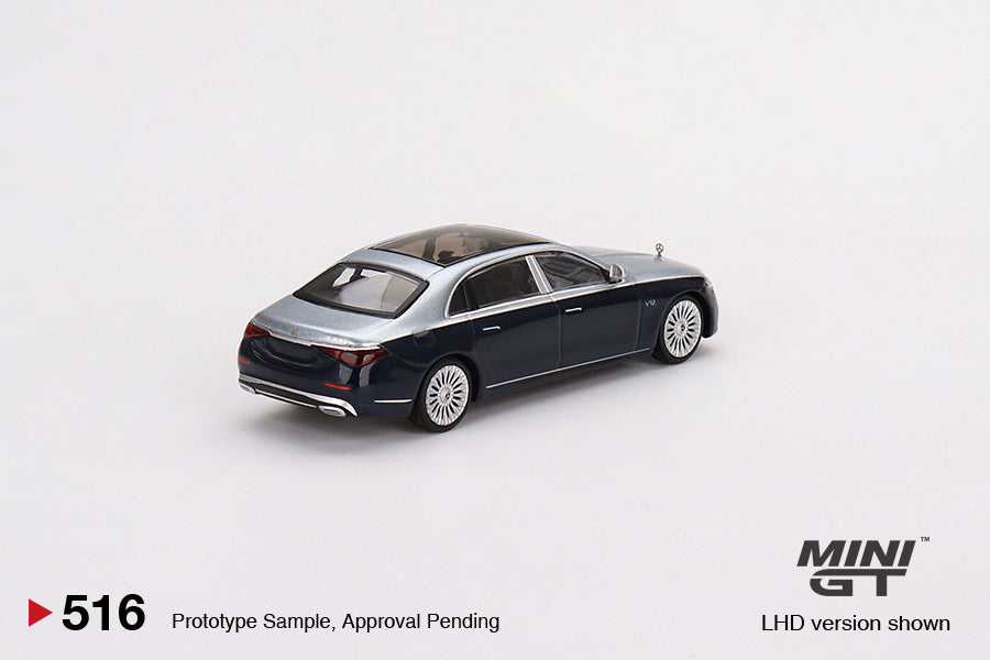 * PRE ORDER * MINI GT 1/64 #516 Mercedes-Maybach S680 Cirrus Silver / Nautical Blue metallic - RHD