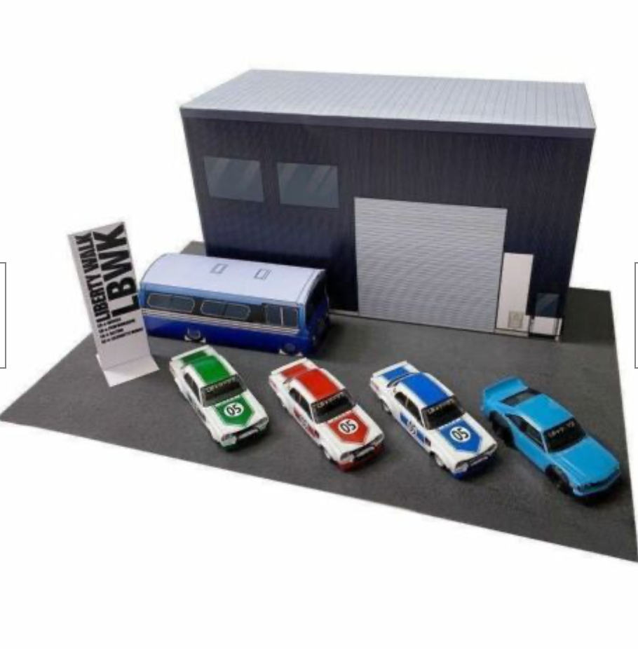 Aoshima 1:64 Scale LB Works Shop Exclusive LB Nissan Skyline Mazda RX3 with Diorama Set of 4