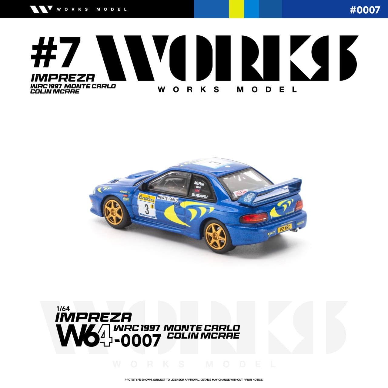 * PRE ORDER * Works 1:64 Diecast Model
Impreza WRC 1997 Monte Carlo Colin Mcrae
Rally Blue 3# Livery(W640007)
