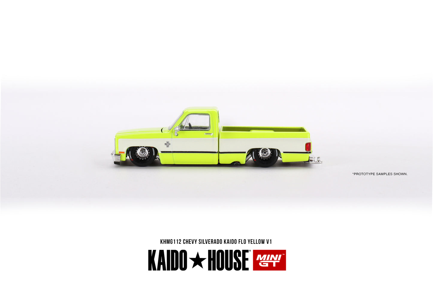 * PRE ORDER * MINI GT X KAIDO HOUSE Chevrolet Silverado KAIDO Flo Yellow V1 KHMG112