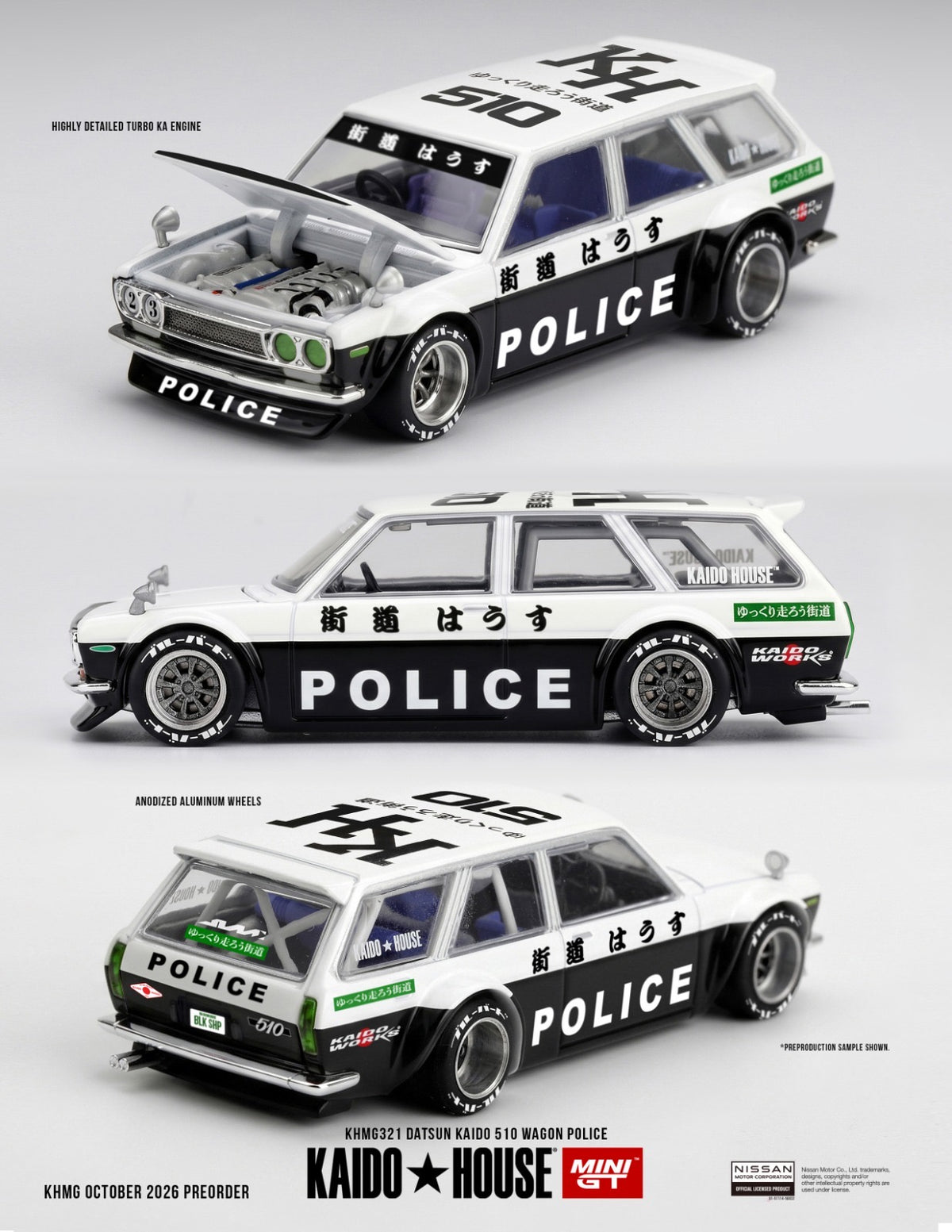 * PRE ORDER * [ Kaido House x MINI GT ] 1/64 Datsun KAIDO 510 Wagon Police KHMG321