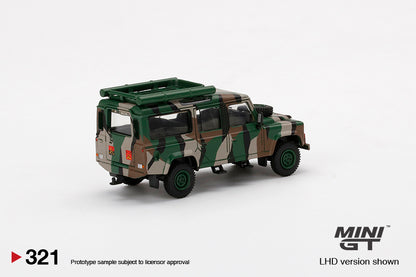 MINI GT #321 1/64 Land Rover Defender 110 Malaysian Army " HARIMAU BELANG " (RHD)