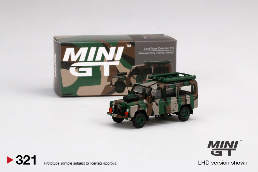 MINI GT #321 1/64 Land Rover Defender 110 Malaysian Army " HARIMAU BELANG " (RHD)