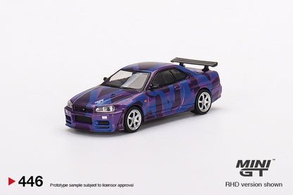 MINI GT #446 1/64 Nissan Skyline GT-R (R34) V-Spec II MINI GT Digital Camouflage Purple