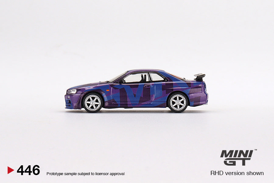 MINI GT #446 1/64 Nissan Skyline GT-R (R34) V-Spec II MINI GT Digital Camouflage Purple