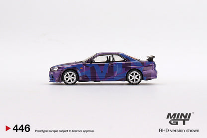 MINI GT #446 1/64 Nissan Skyline GT-R (R34) V-Spec II MINI GT Digital Camouflage Purple