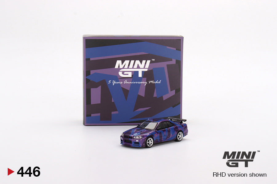 MINI GT #446 1/64 Nissan Skyline GT-R (R34) V-Spec II MINI GT Digital Camouflage Purple