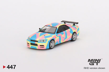 MINI GT #447 1/64 Nissan Skyline GT-R (R34)V-Spec ll MINI GT Digital Camouflage Yellow (RHD)