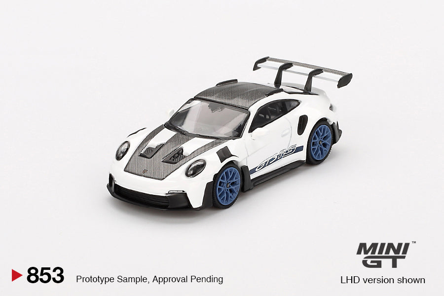 MINI GT #853 1/64 Porsche 911 (992) GT3 RS Weissach Package White with Indigo Blue (RHD)