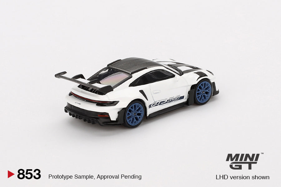 MINI GT #853 1/64 Porsche 911 (992) GT3 RS Weissach Package White with Indigo Blue (RHD)
