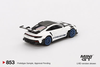 MINI GT #853 1/64 Porsche 911 (992) GT3 RS Weissach Package White with Indigo Blue (RHD)