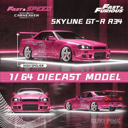 ENVISION SUKI'S CAR IN FNF  Fast Speed x Car Heaven 1:64 Diecast Model Skyline GT-R R34 Z-Tune, HighWing Edition FNF Suki Pink Livery