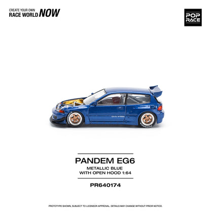 * PRE ORDER * POPRACE 1/64  PANDEM CIVIC EG6 METALLIC BLUE WITH OPEN HOOD  PR640174