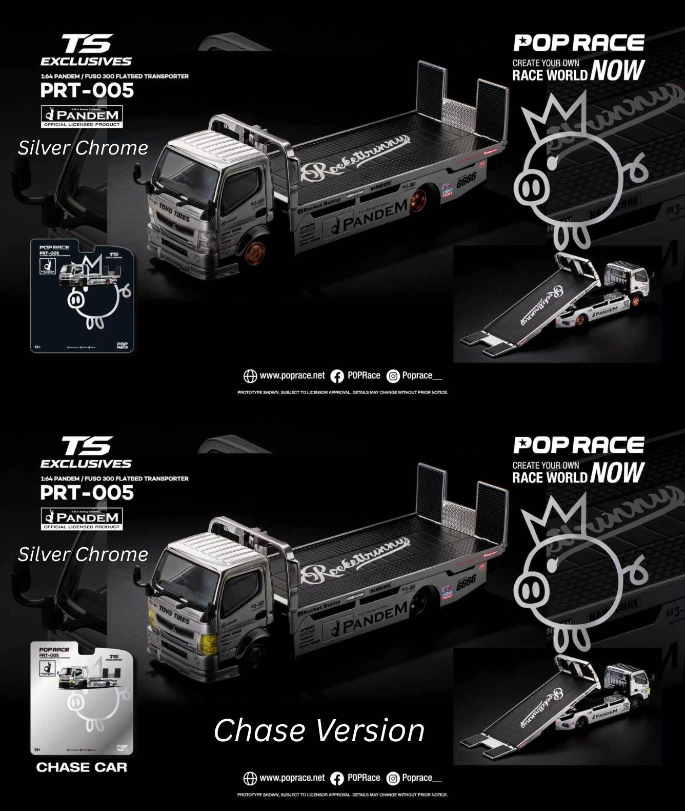 * PRE ORDER * POP RACE X TOKYO STATION 1/64 PANDEM FUSO 300 FLATBED TRANSPORTER SILVER CHROME - PRT005