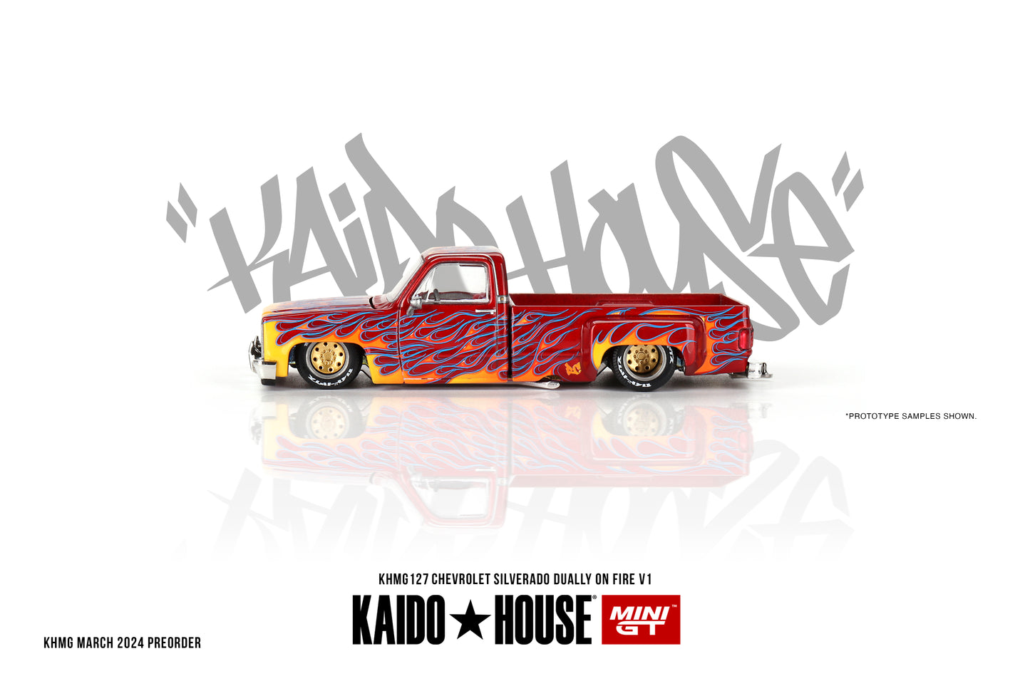 * PRE ORDER * [ Kaido House x MINI GT ] Chevrolet Silverado Dually on Fire V1 KHMG127
