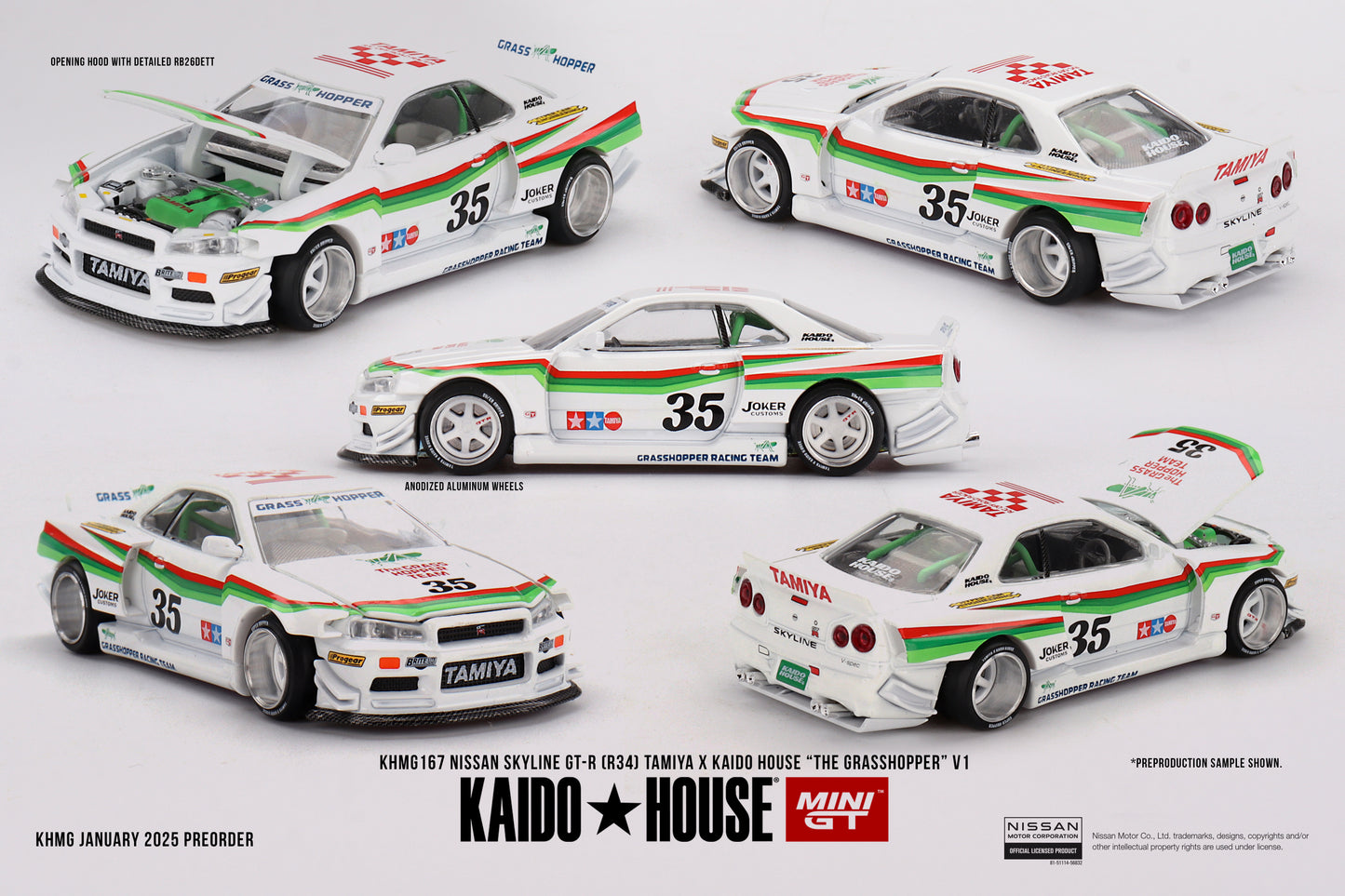 * PRE ORDER * MINI GT X KAIDO HOUSE Nissan Skyline GT-R (R34) TAMIYA x KAIDO HOUSE "The GRASSHOPPER" V1 KHMG167