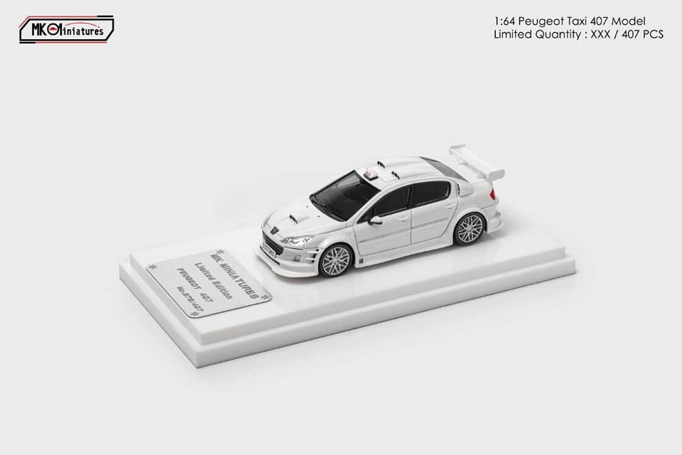 MK Miniatures 1:64 Resin Model TAXI White Color Peugeot 407 Sedan