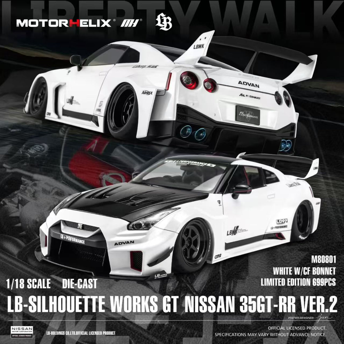 * PRE ORDER * MOTORHELIX 1/18 LB-Silhouette Works Nissan 35GT-RR VER.2 WHITE W/ CF BONNET M80801