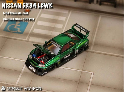 Street Weapon 1/64 Nissan Skyline GT-R R34 LB, Super Silhouette ER34 Green Chrome