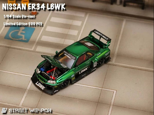 Street Weapon 1/64 Nissan Skyline GT-R R34 LB, Super Silhouette ER34 Green Chrome