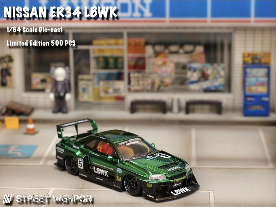 Street Weapon 1/64 Nissan Skyline GT-R R34 LB, Super Silhouette ER34 Green Chrome