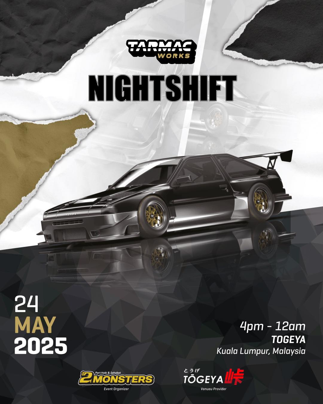 TARMAC WORKS 1/64 TOYOTA SPRINTER TRUENO AE86 WIDEBODY BLACK/GREY - EVENT SPECIAL
