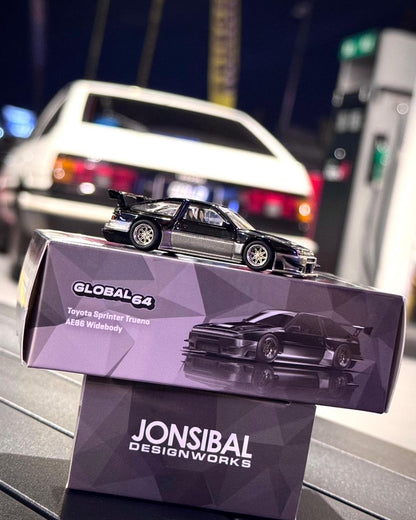 TARMAC WORKS 1/64 TOYOTA SPRINTER TRUENO AE86 WIDEBODY BLACK/GREY - EVENT SPECIAL