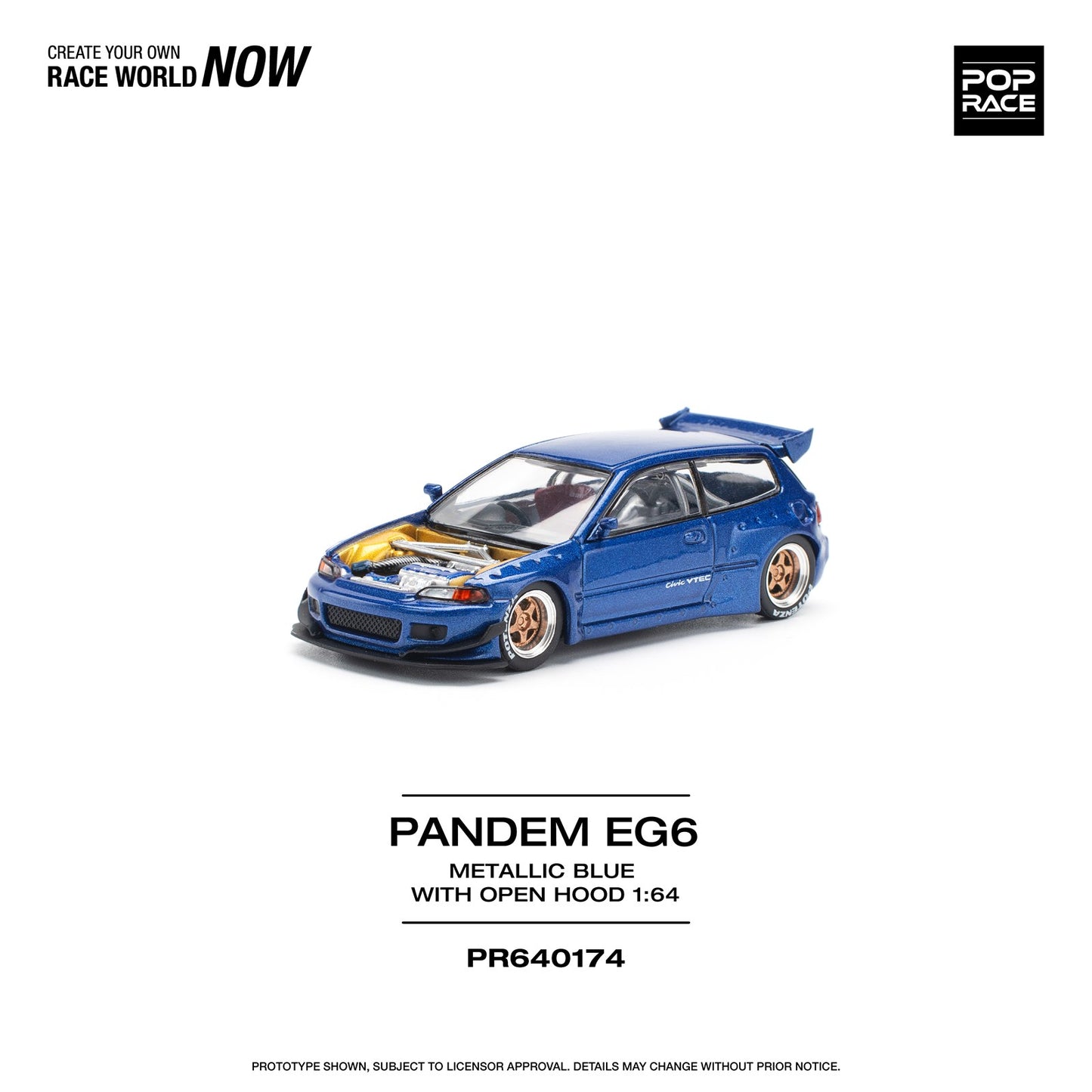 * PRE ORDER * POPRACE 1/64  PANDEM CIVIC EG6 METALLIC BLUE WITH OPEN HOOD  PR640174