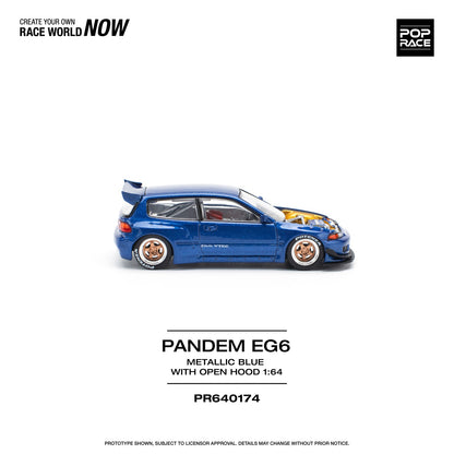 * PRE ORDER * POPRACE 1/64  PANDEM CIVIC EG6 METALLIC BLUE WITH OPEN HOOD  PR640174