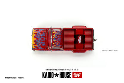 * PRE ORDER * [ Kaido House x MINI GT ] Chevrolet Silverado Dually on Fire V1 KHMG127