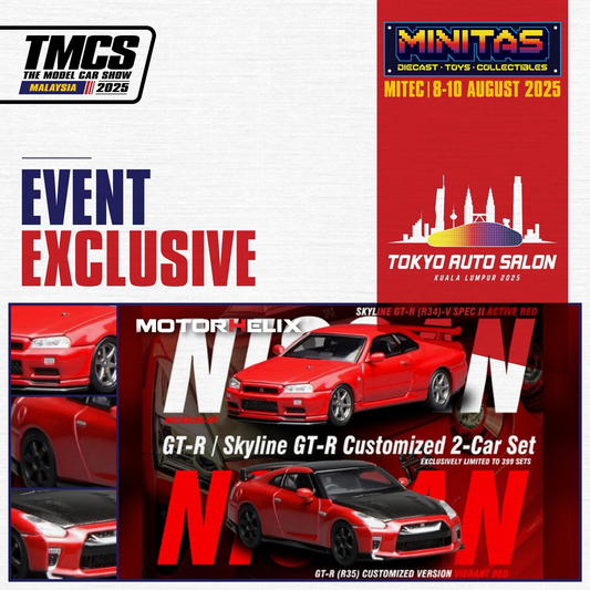 Motorhelix Nissan Skyline GT-R (R34)-V Spec II Active Red & Nissan GT-R (R35) Customised Version Vibrant Red 2-Car Set | TASKL25 EXCLUSIVE