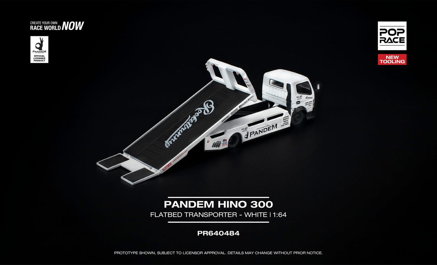 * PRE ORDER * POP RACE 1/64 PANDEM HINO 300 FLATBED TRANSPORTER WHITE PR640484