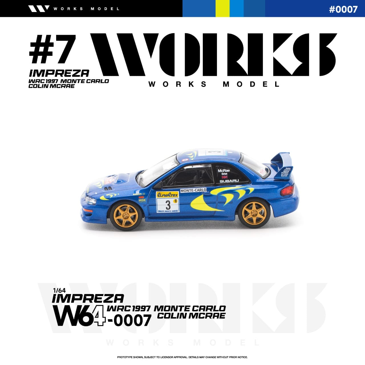 * PRE ORDER * Works 1:64 Diecast Model
Impreza WRC 1997 Monte Carlo Colin Mcrae
Rally Blue 3# Livery(W640007)