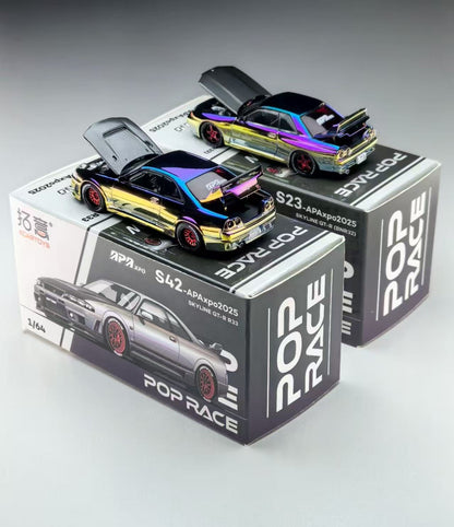 POP RACE XCARTOYS 1/64 APA XPO EXCLUSIVE SKYLINE GT-R R32 & R33 CHAMELEON CHROME ( 2 CAR SET )