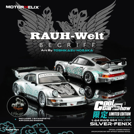 Motorhelix 1:64 Alloy Model Porsche 911 964 RWB (1990) Silver-Fenix Electroplated with 964 Air-cooled Independent Engine