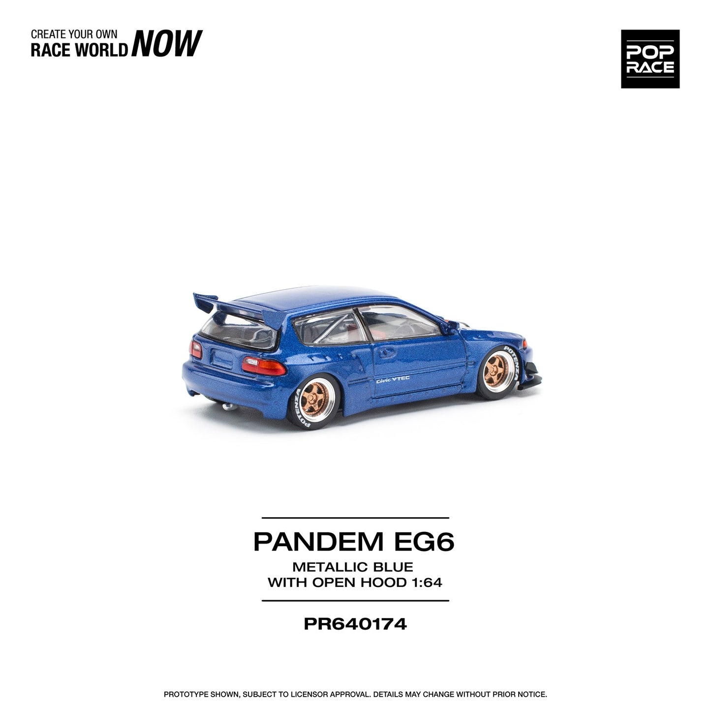 * PRE ORDER * POPRACE 1/64  PANDEM CIVIC EG6 METALLIC BLUE WITH OPEN HOOD  PR640174