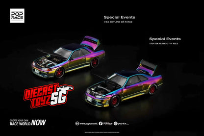 POP RACE XCARTOYS 1/64 APA XPO EXCLUSIVE SKYLINE GT-R R32 & R33 CHAMELEON CHROME ( 2 CAR SET )