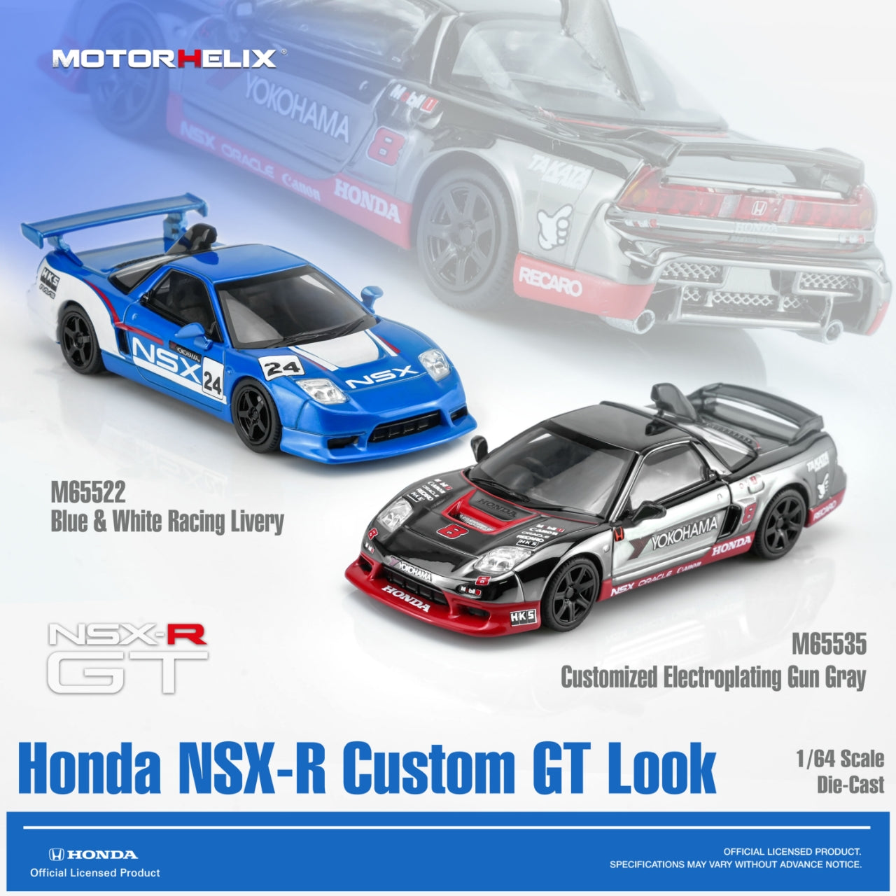 * PRE ORDER * MOTORHELIX 1/64 HONDS NSX-R GT BLUE & WHITE RACING LIVERY M65522