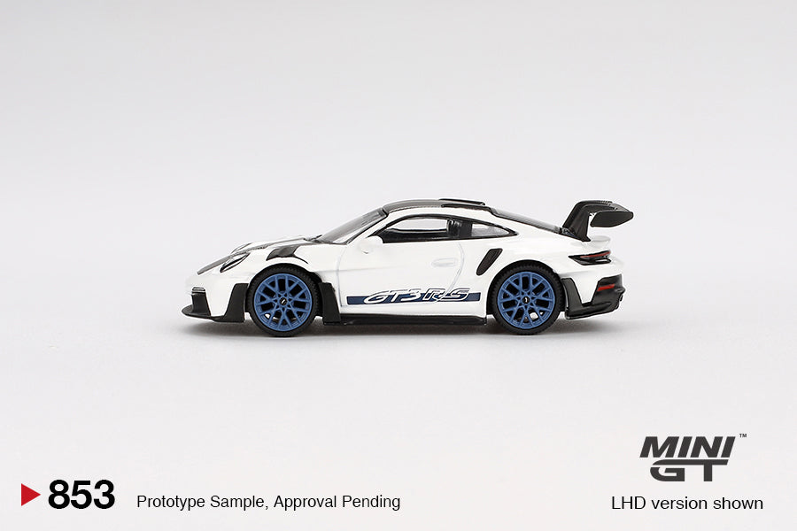 MINI GT #853 1/64 Porsche 911 (992) GT3 RS Weissach Package White with Indigo Blue (RHD)