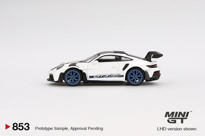 MINI GT #853 1/64 Porsche 911 (992) GT3 RS Weissach Package White with Indigo Blue (RHD)
