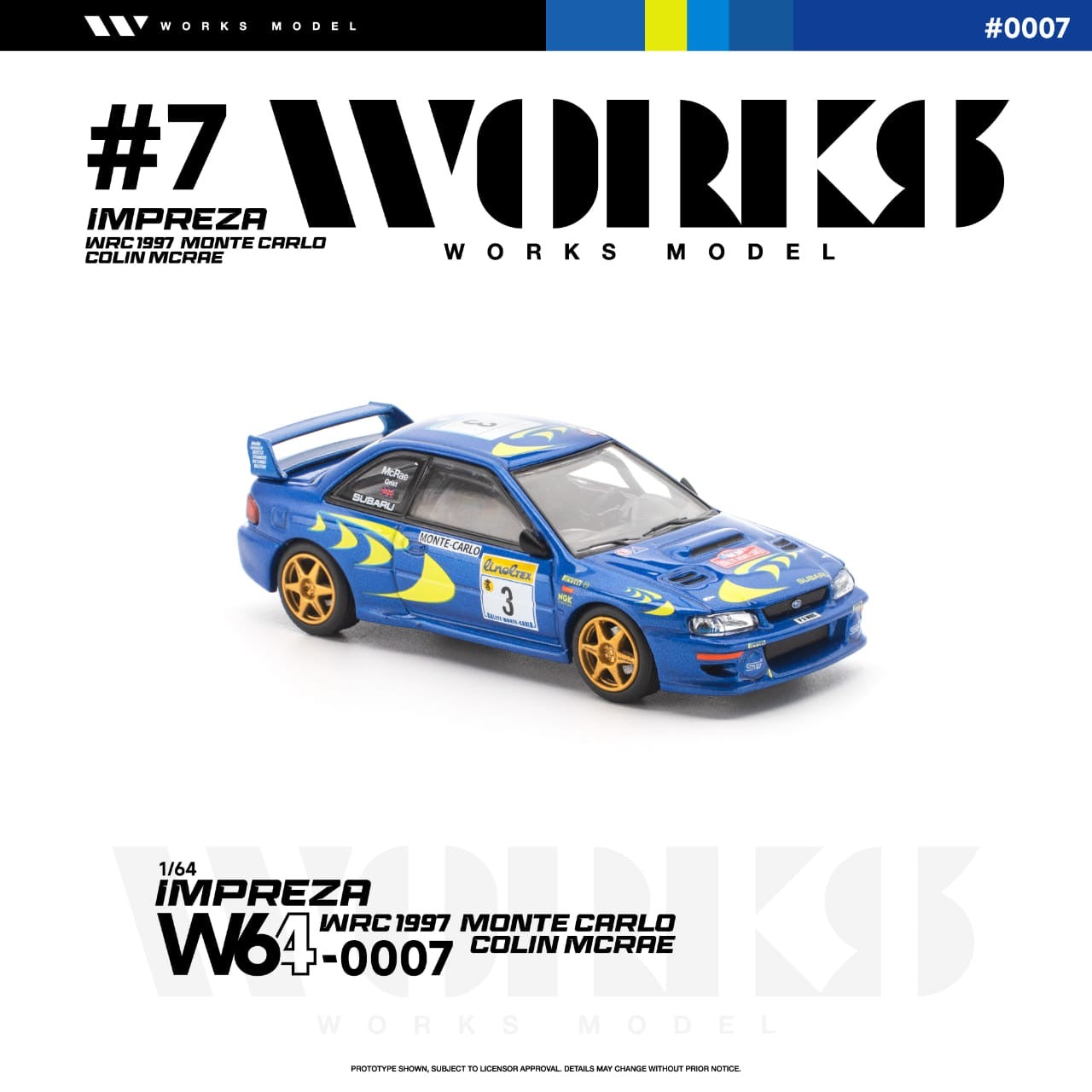 * PRE ORDER * Works 1:64 Diecast Model
Impreza WRC 1997 Monte Carlo Colin Mcrae
Rally Blue 3# Livery(W640007)